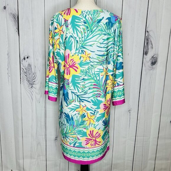 Beach Break Shift Dress Women’s Size Large Bright Colorful 3/4 Sleeve Stretch - Picture 8 of 12